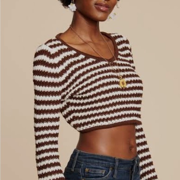 EARTHBOUND Sweaters - EARTHBOUND Brown and White Cropped Striped Sweater Size Large